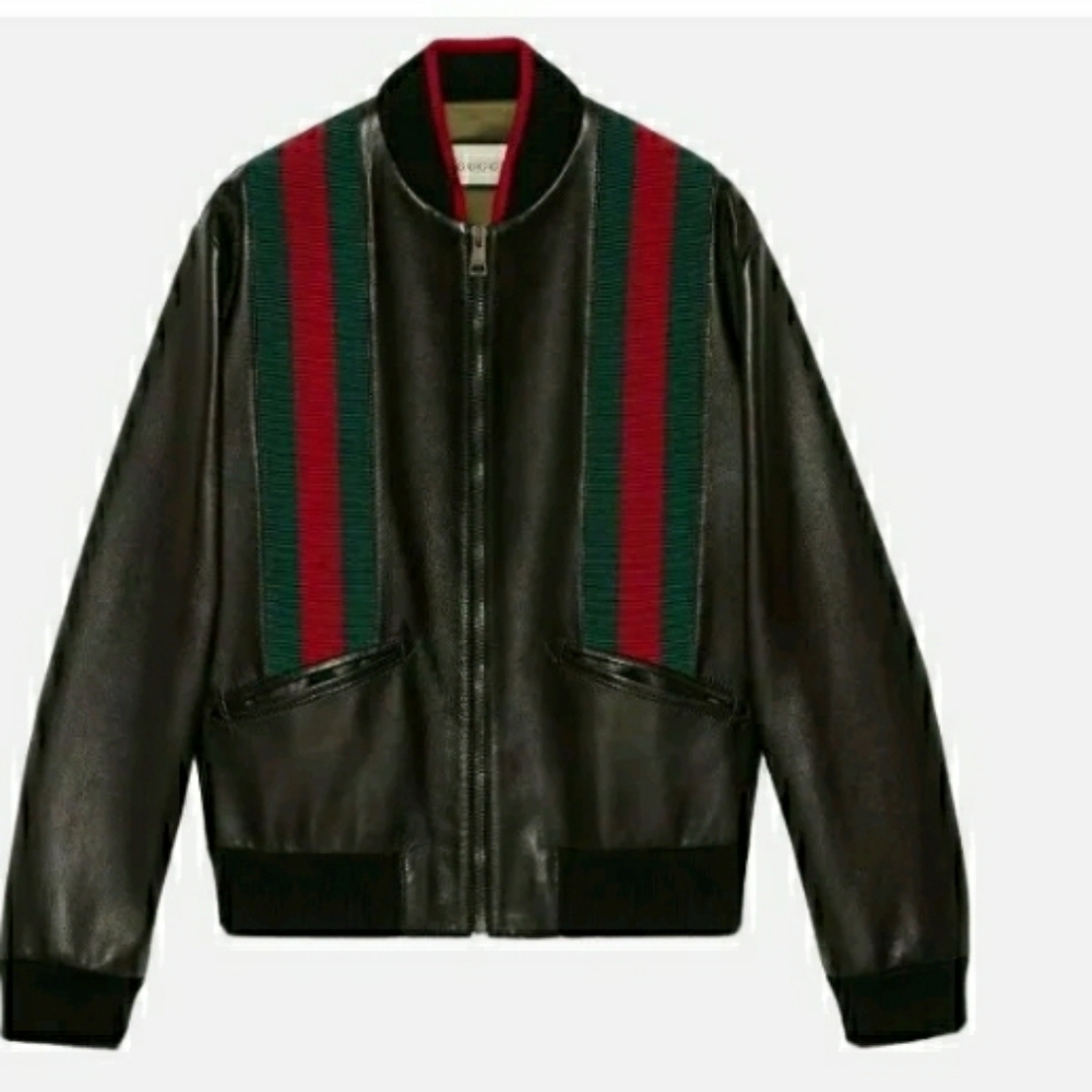 Gucci black leather Bomber Jacket with Green/Red Web